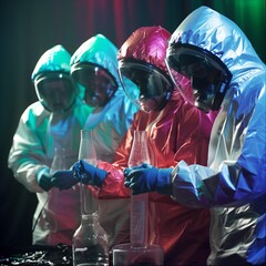 group of chemical workers dressed like an astronaut