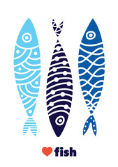 Cute retro  cartoon illustration with  fish on white background. Home decor.Vector illustration set.