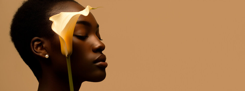 Profile of a black woman with calla lily. Concept of the image could be used in beauty and fashion editorials, advertising skincare products, and art photography. Banner with copy space