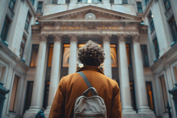 Happy curly short hair man back view of the man walking to the bank front door
