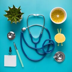 A blue table with a stethoscope, stethoscope, and other medical items on it ai generated