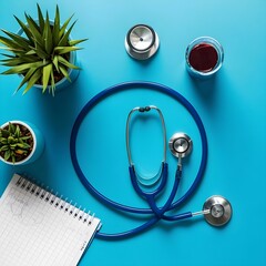 A blue table with a stethoscope, stethoscope, and other medical items on it ai generated