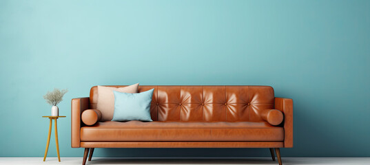 Brown leather sofa on pastel blue background 
