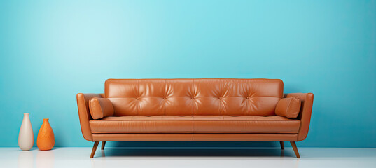 Brown leather sofa on pastel blue background 