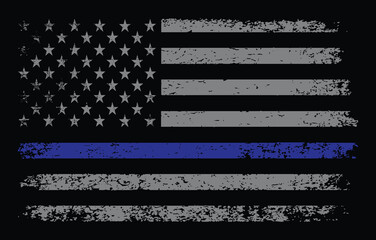 USA Flag With Thin Blue Line. Police Support Symbol Flag.