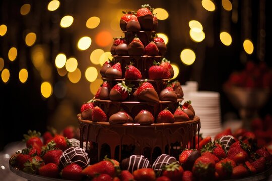 A close-up of a chocolate fountain cascading over strawberries, with fairy lights creating a festive scene.