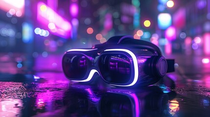 Neon Glow VR Headset Experience the Future of Gaming with Purple Lighting Generative AI