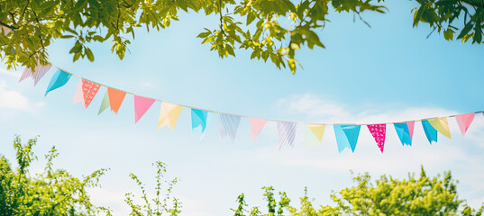 Colorful pennant string decoration in green tree foliage on blue sky, summer party background - obrazy, fototapety, plakaty