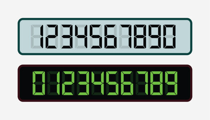 0-9 numbers, Black and gray background green and black clock digits. Change numbers with bright illuminated led.