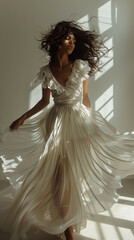 blurred fashion photography of beautiful woman in dress, soft ligh, photo made in motion with grainy gradient,ai