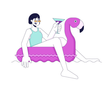 Happy woman on inflatable flamingo 2D linear cartoon character. Asian female enjoying pool party isolated line vector person white background. Poolside chillout color flat spot illustration