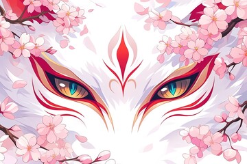 Obraz na płótnie Canvas illustration of closeup eyes of japanese fox kitsune mask in pink sakura cherry flowers