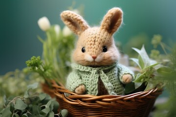 cute knitted toy bunny in a basket
