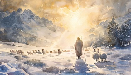 Shepherd's Delight A Pastoral Painting of a Man and His Flock in the Snow Generative AI