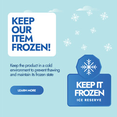 Keep our item Frozen. Keep it Frozen label, sticker, stamp, emblem with snowflake icon. Label, stamp, sticker for Frozen products. Keep the products in ice refrigerator. 