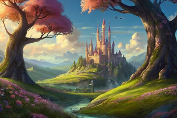 Whimsical fantasy world desktop wallpaper. Enchanting creatures, magical landscapes. Artistic and surreal imagery. 