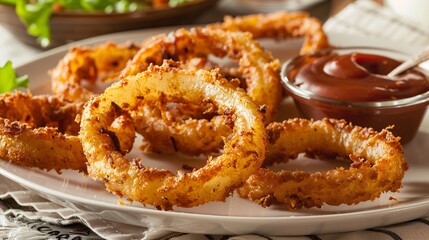 Fried Onion Rings with Ketchup A Delicious and Easy-to-Make Snack for National Onion Ring Day Generative AI - obrazy, fototapety, plakaty