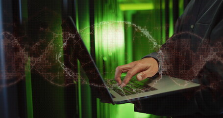 Image of dna strand and digital brain over asian man in server room