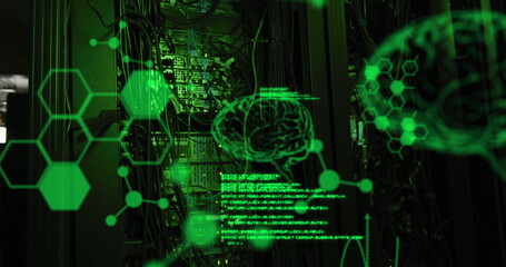 Image of data processing and digital brain over server room