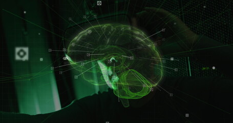 Image of caucasian and digital brain over asian man in server room