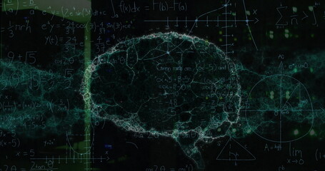 Image of mathematical equations and digital brain over server room