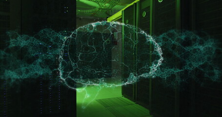 Image of dna strand and digital brain over server room