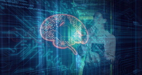 Image of data processing and digital brain over caucasian woman in server room