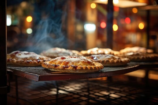 Pies cooling on racks, with bokeh lights creating a rustic and inviting atmosphere.