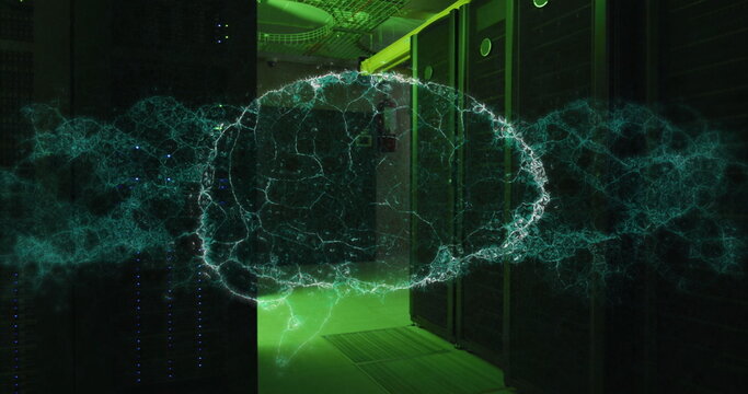 Image of dna strand and digital brain over server room - Powered by Adobe