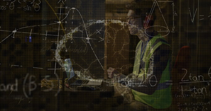 Image of mathematical equations and digital brain over asian man in server room