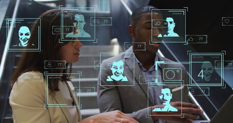 Image of people icons over diverse business people in office