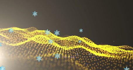 Image of digital snowflakes falling over illuminated golden light waves against black background