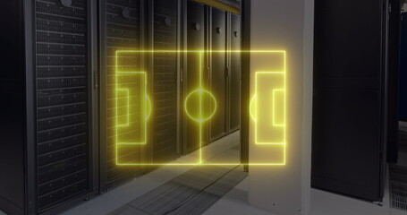 Image of yellow neon football pitch markings over computer server room