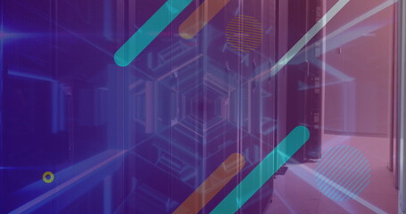 Image of shapes and data processing over server room