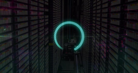 Image of blue data loading ring and data processing over computer server room
