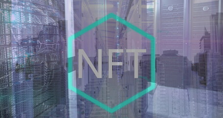 Image of nft logo over computer server room