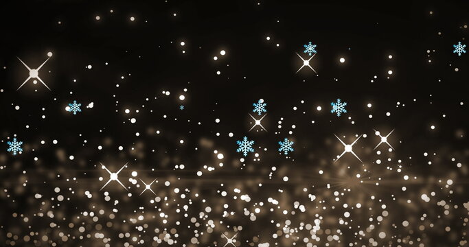 Image of snowflakes over light spots on black background