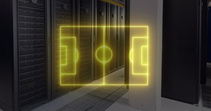 Image of yellow neon football pitch markings over computer server room - Powered by Adobe