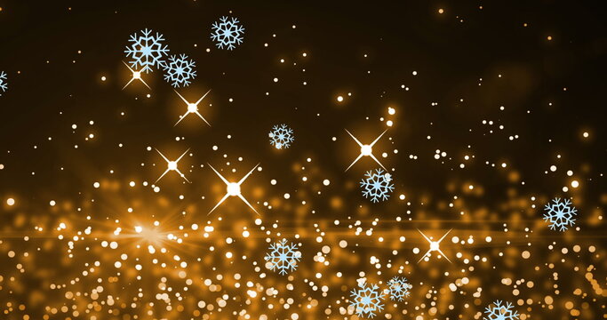 Image of digital snowflakes diagonally falling over twinkling lights against black background - Powered by Adobe