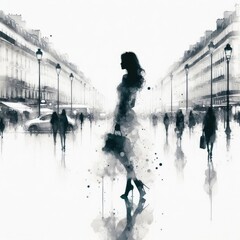 Paris Avenue des Champs Elysees street view in splash ink painting with Generative AI.