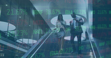 Image of financial data processing over two diverse walking business people