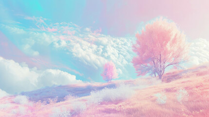 Fototapeta na wymiar Dreamlike landscape with trees in surreal pastel hues of pink and blue, under soft sky with fluffy clouds, invoking serene and otherworldly atmosphere. For background in fantasy themes, meditation