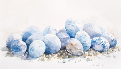 Obraz na płótnie Canvas April Showers - A painting of blue eggs and rocks, depicting the beauty of nature during the rainy season. Generative AI