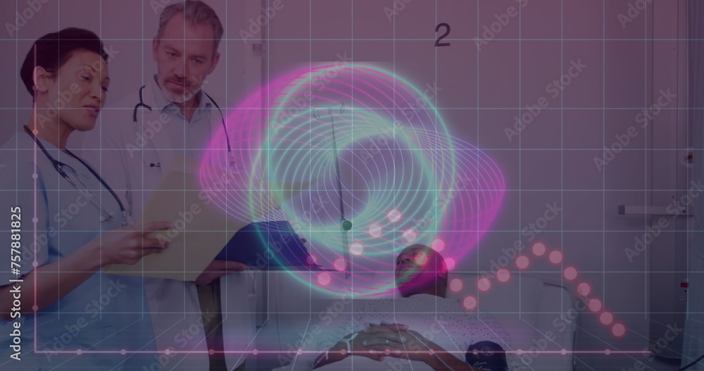 Poster Image of data processing and shapes over patient and diverse doctors talking
