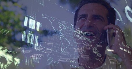 Image of interface with data processing over caucasian man talking on smartphone