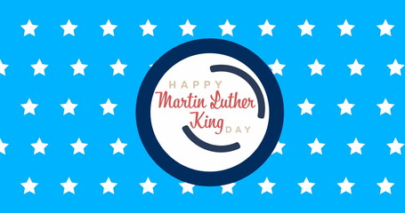 Image of happy martin luther king day text over stars on blue background