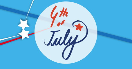 Image of 4th of july text over stars and stripes on blue background