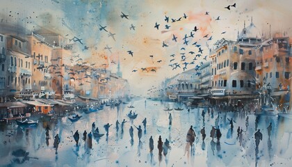 Flock of Birds Flying Over a Cityscape During a Sunset Generative AI