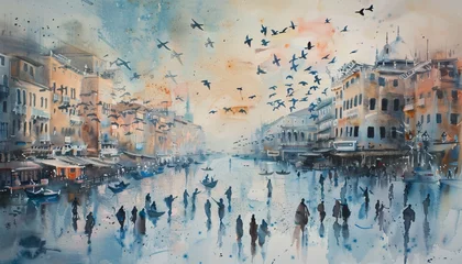 Fotobehang Flock of Birds Flying Over a Cityscape During a Sunset Generative AI © vinod