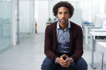 Portrait, business or design and serious black man in office with creative career mission or...